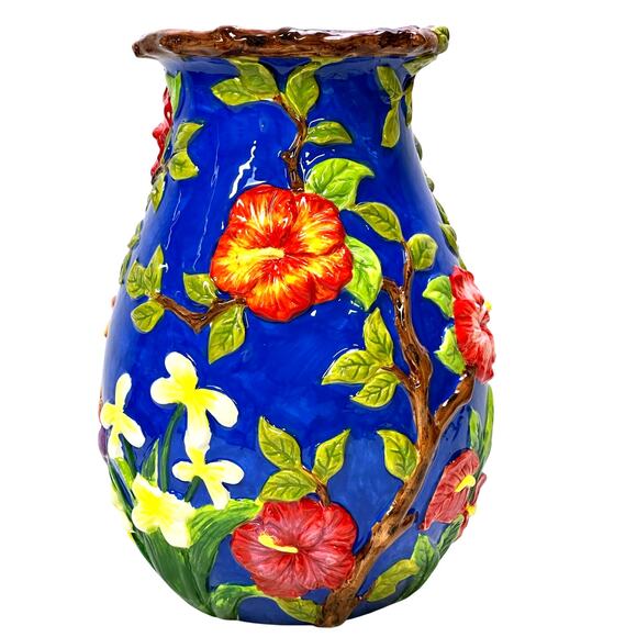 Signature Home Collection 'Bird' Parrots Vibrant Majolica 14.5" Ceramic Art Vase - Picture 9 of 11